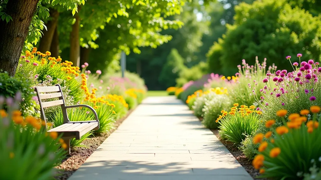 Accessible botanical garden pathway with wide paved route, colorful seasonal flowers, and wooden benches for resting