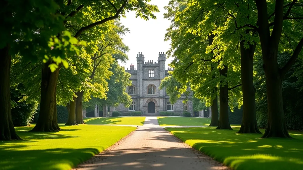 Historical monument or castle structure visible through trees in Phoenix Park with clear pathways leading toward it