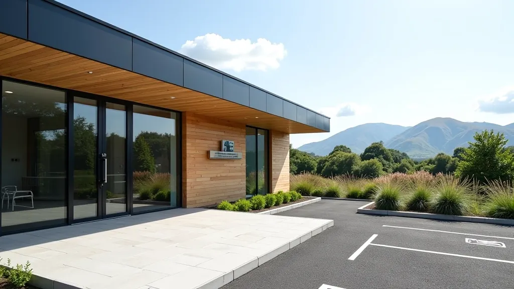 Modern visitor center building with accessible entrance ramp, clear signage, and parking area