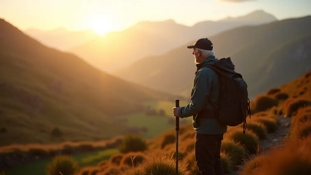 Senior hiker with walking stick pausing on trail to admire mountain valley view, morning mist clearing from peaks