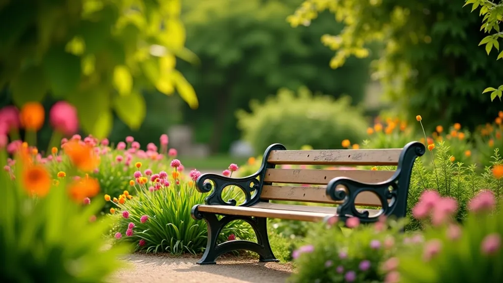 Peaceful garden seating area with benches surrounded by flowering plants and trees, tranquil botanical garden atmosphere