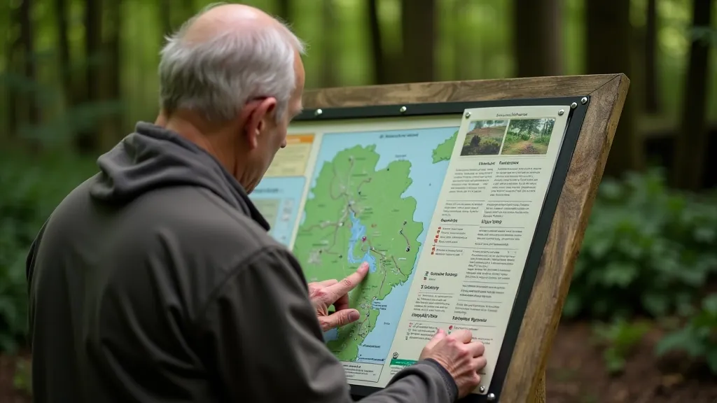 Person consulting a trail map at a wooden information board with clear route markers and distance indicators
